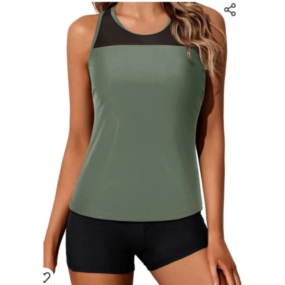 Two-Piece Women's Large Green & Black Athletic Tankini